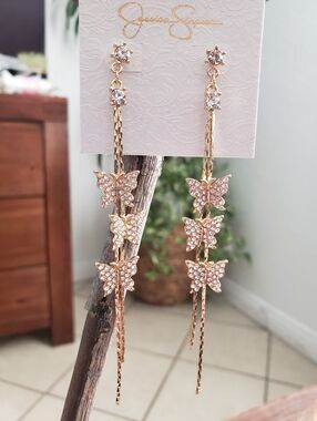 Jessica Simpson Gold Crystal Butterfly Dangle Earrings